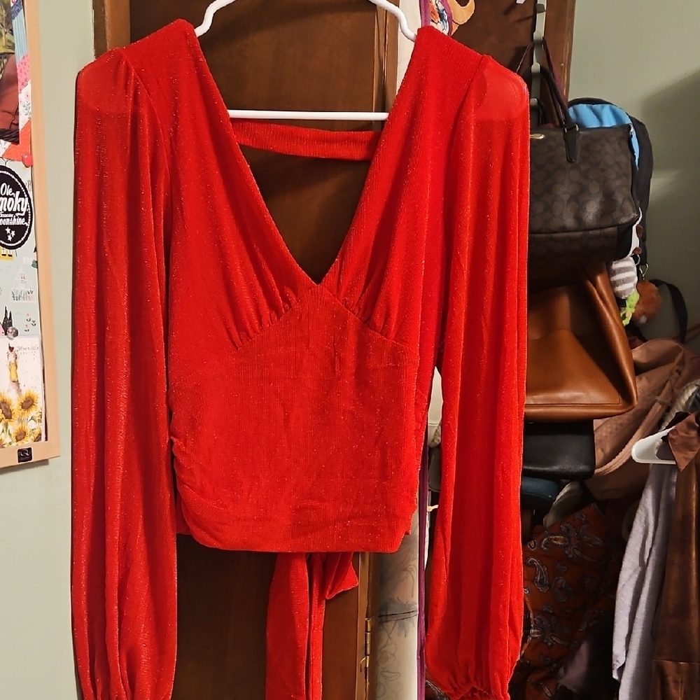 Red V-Neck Long Sleeve Women's Top